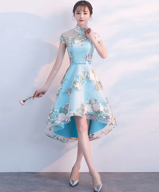 Unique Blue Tulle Embroidery Short Prom Dress, Blue Evening Dress - Deanwangkt