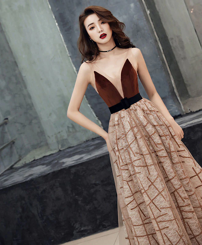 Champagne V Neck Tulle Long Prom Dress Tulle Evening Dress - Deanwangkt