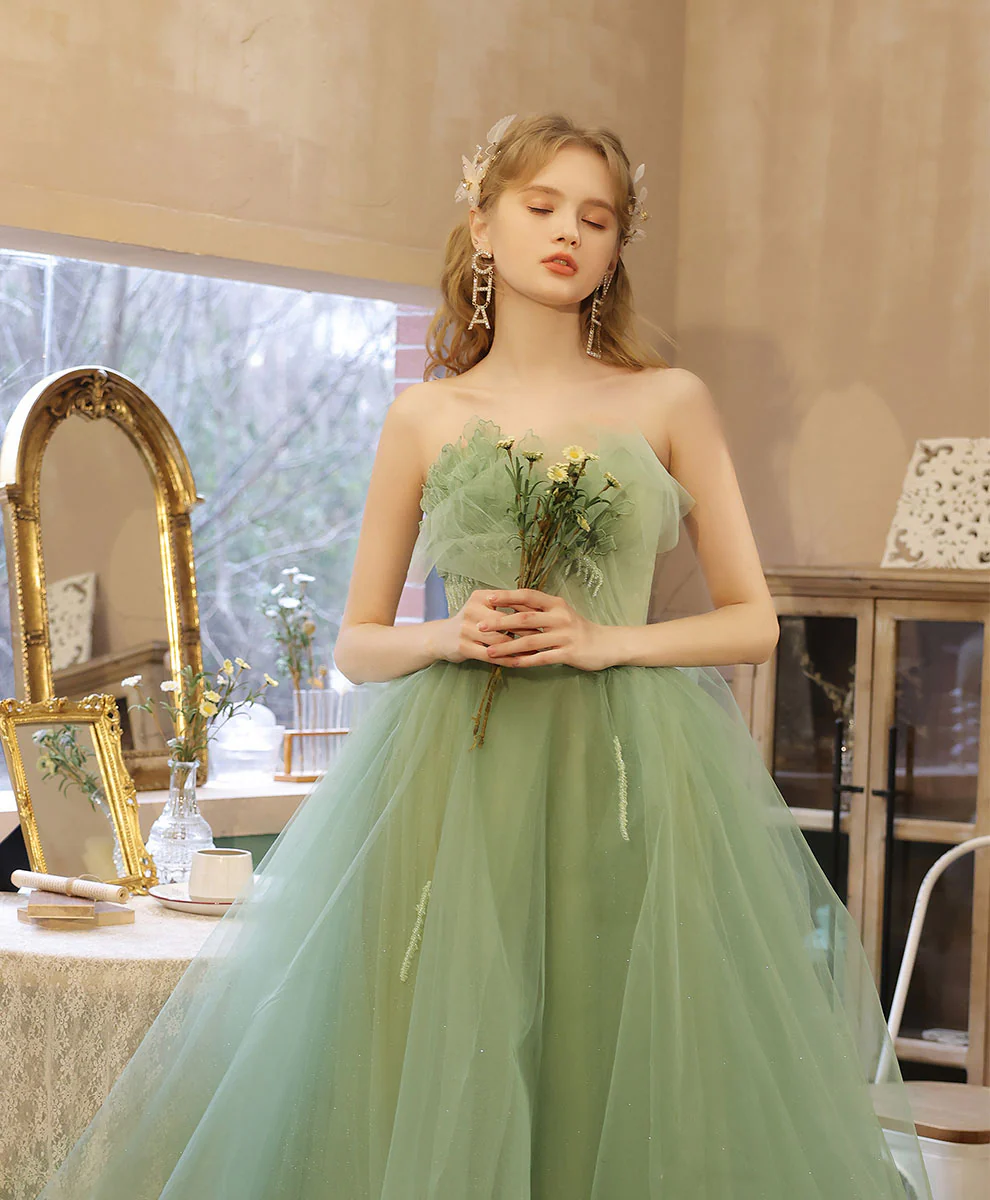 Aline Tulle Tea Length Green Prom Dress, Green Puffy Homecoming Dresses with Lace Applique Beading - Deanwangkt