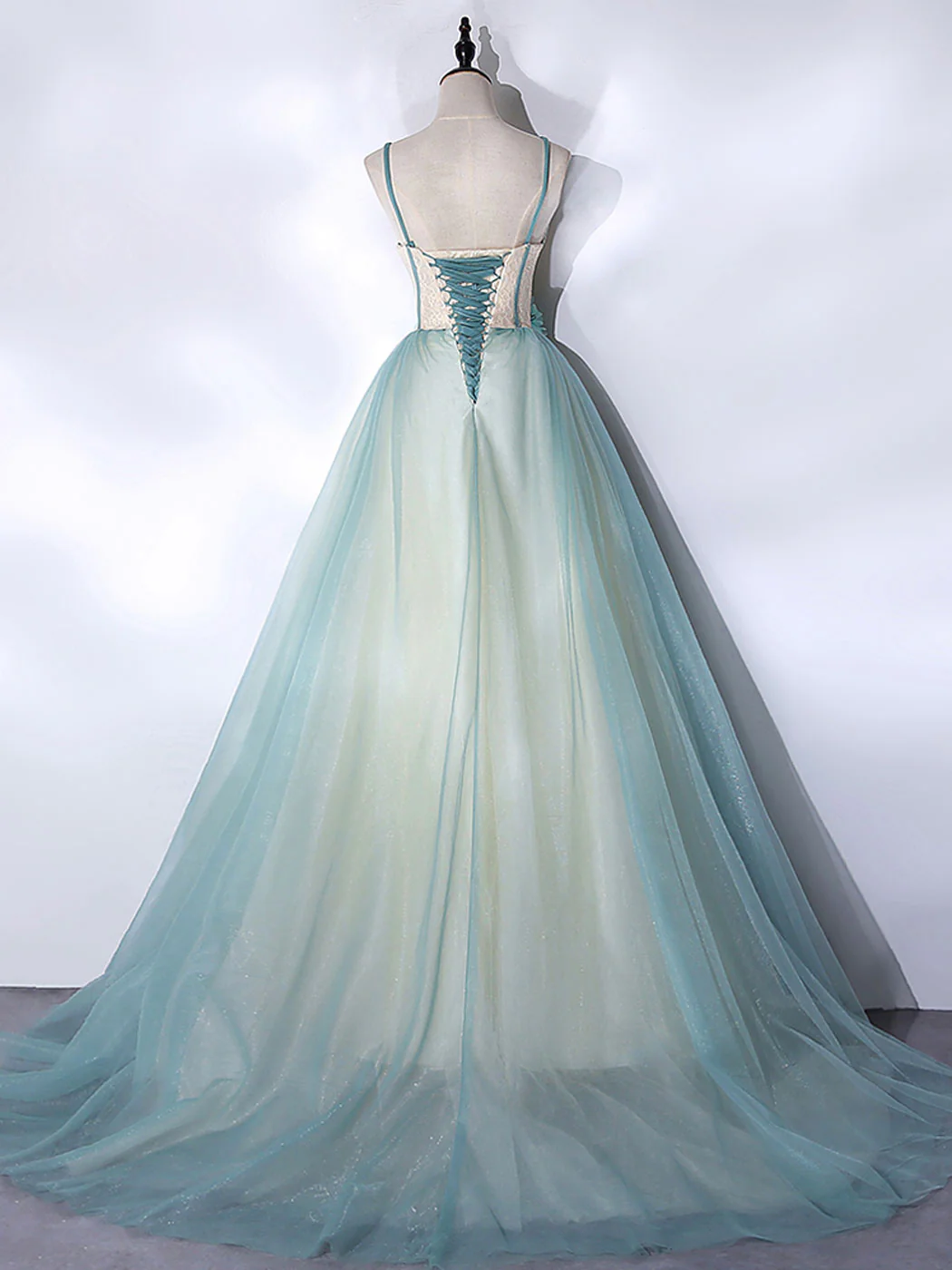 A-Line Tulle Green Long Prom Dress, Green Graduation Dress with Sweep Train - Deanwangkt