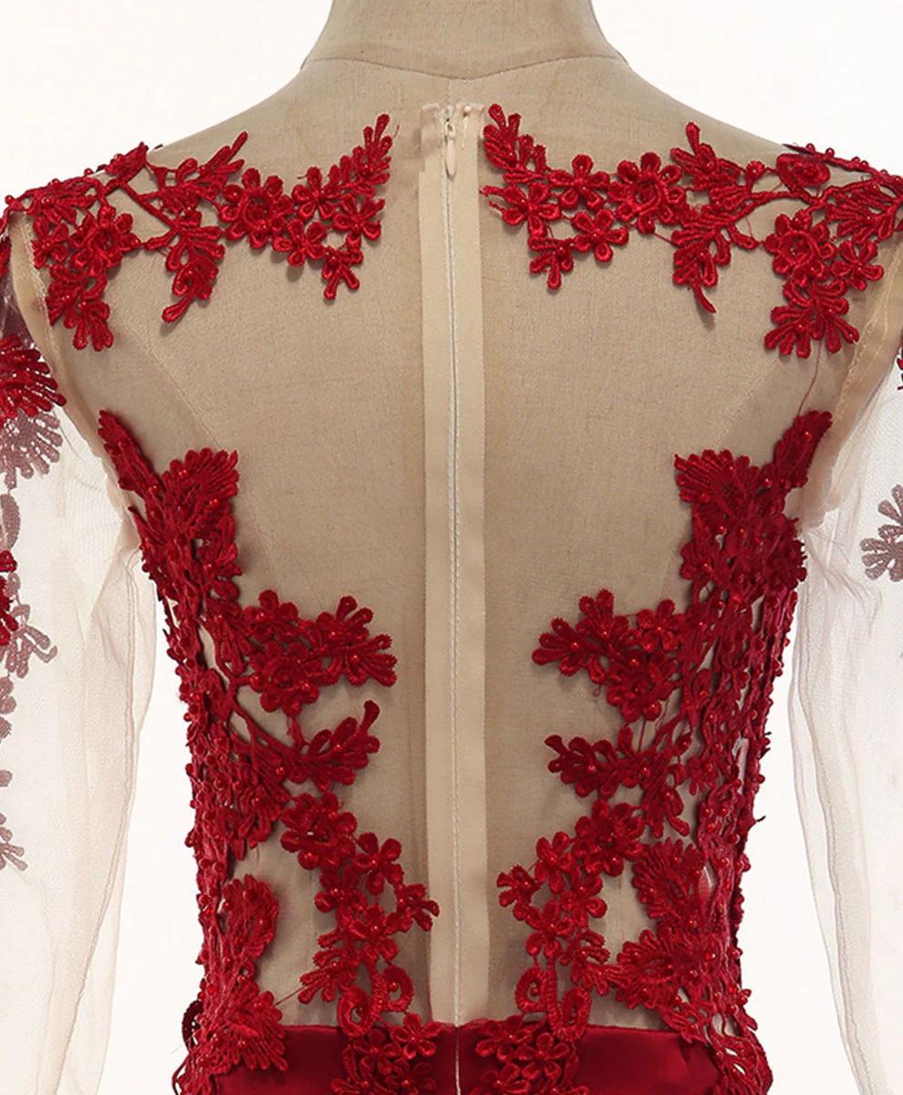 Burgundy Round Neck Lace Satin Mermaid Long Prom Dress Lace Formal Dress - Deanwangkt