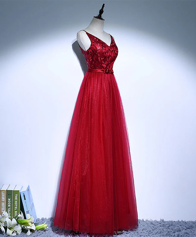 Burgundy V Neck Tulle Long Prom Dress, Evening Dress - Deanwangkt