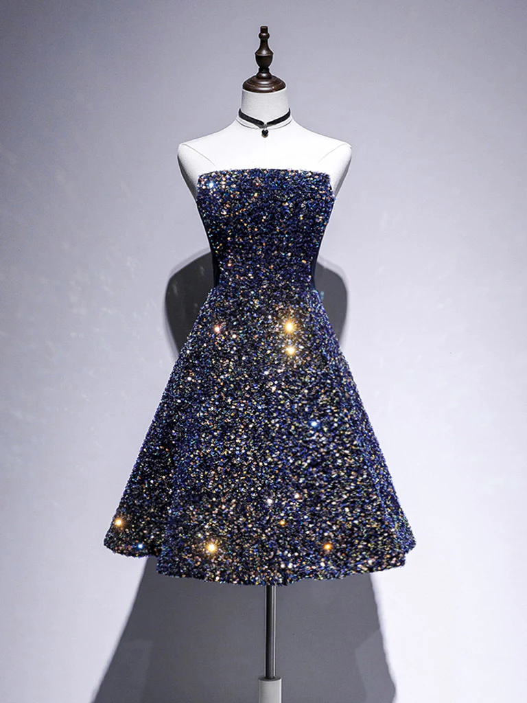 Dark Blue A-Line Sequin Lace Short Prom Dress, Blue Homecoming Dress - Deanwangkt