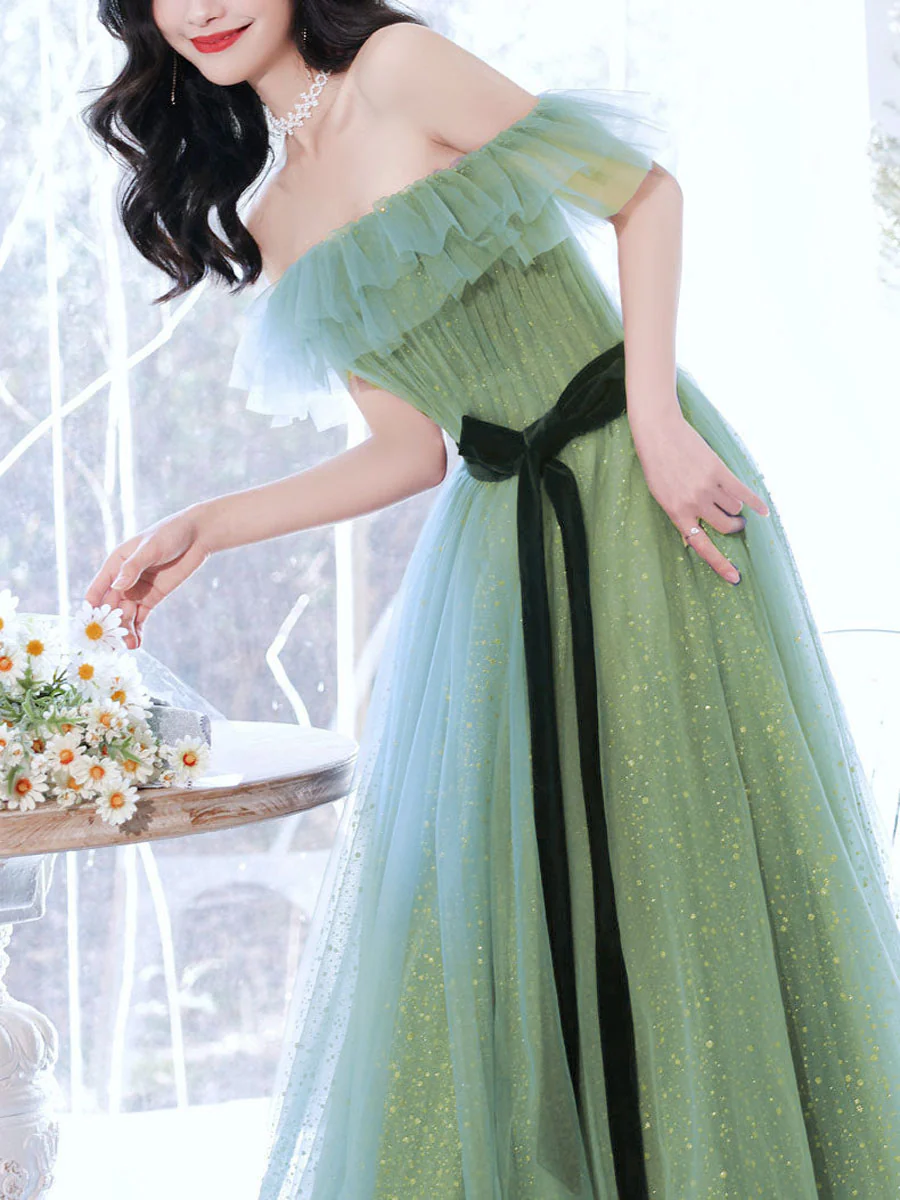 A line Green Long Prom Dresses, Green Tulle Formal Graduation Party Dress - Deanwangkt