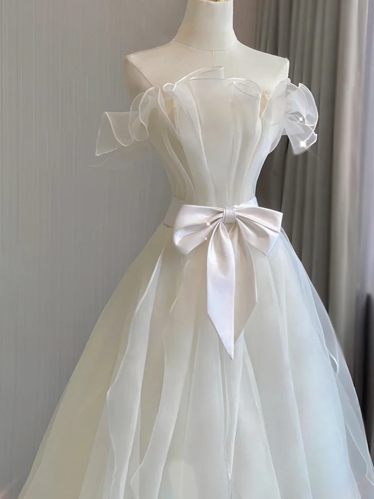 A-Line Organza White Long Prom Dress, White Long Formal Dress - Deanwangkt
