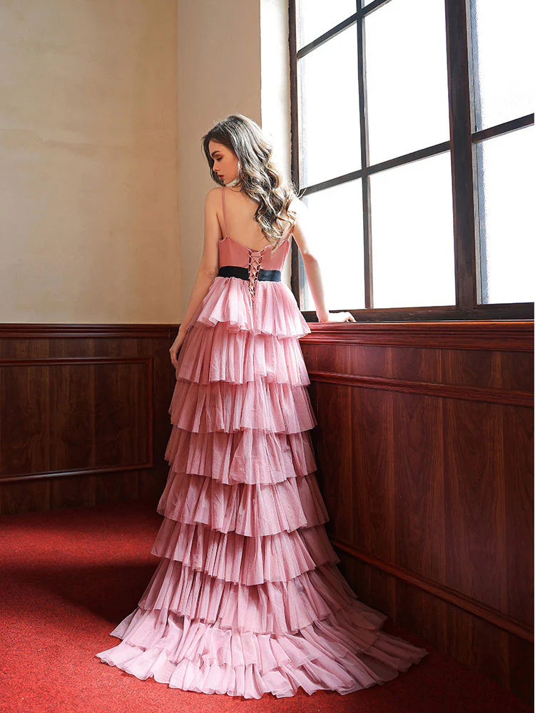 Pink V Neck High Low Long Prom Dress, Pink Tulle Formal Graduation Dresses - Deanwangkt