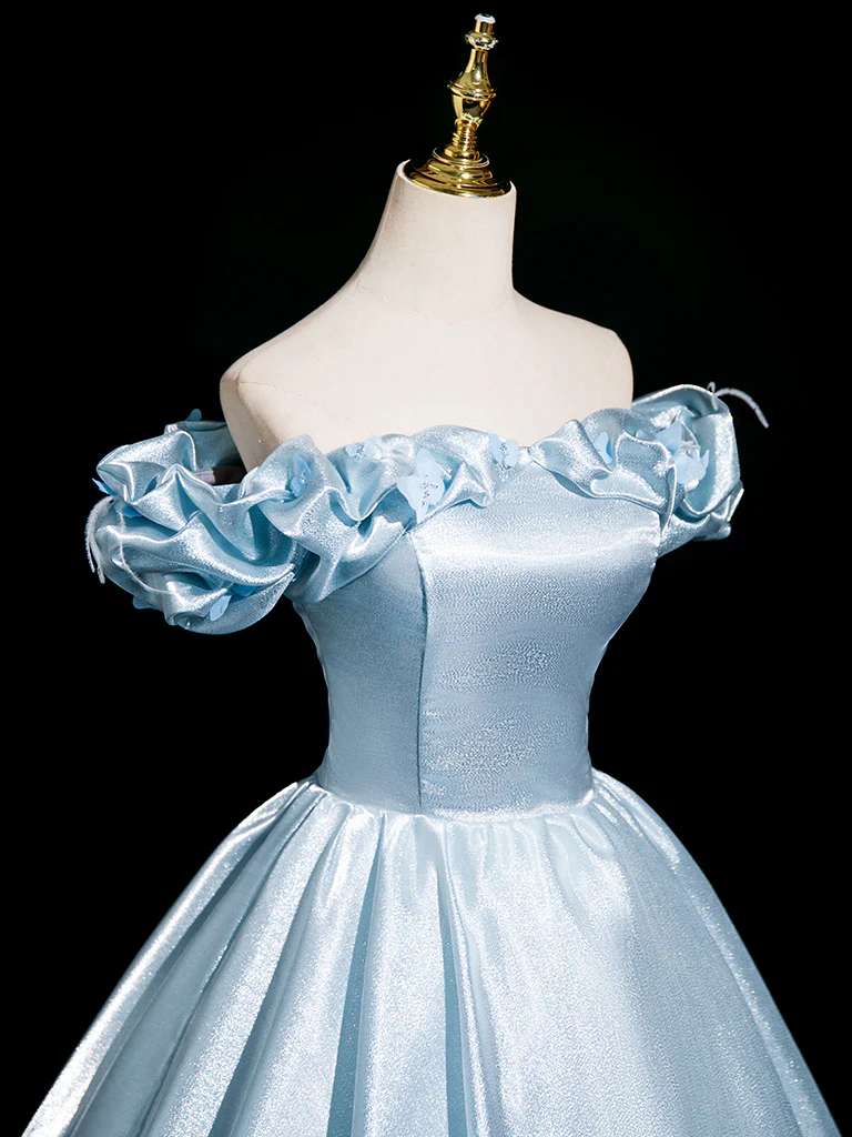 A-Line Off Shoulder Satin Blue Long Prom Dress, Blue Long Formal Dress - Deanwangkt