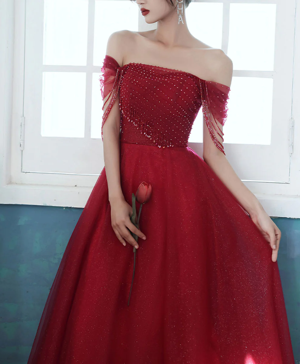 Burgundy Tulle Off Shoulder Long Prom Dress, Burgundy Graduation Dress with Beading - Deanwangkt