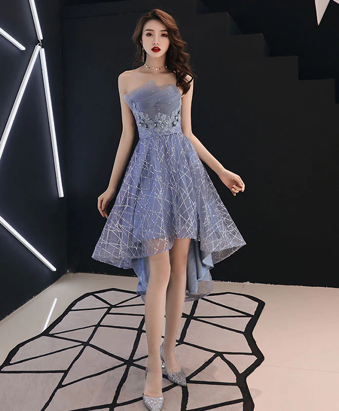 Blue Tulle Lace Short Prom Dress, Blue Evening Dress - Deanwangkt