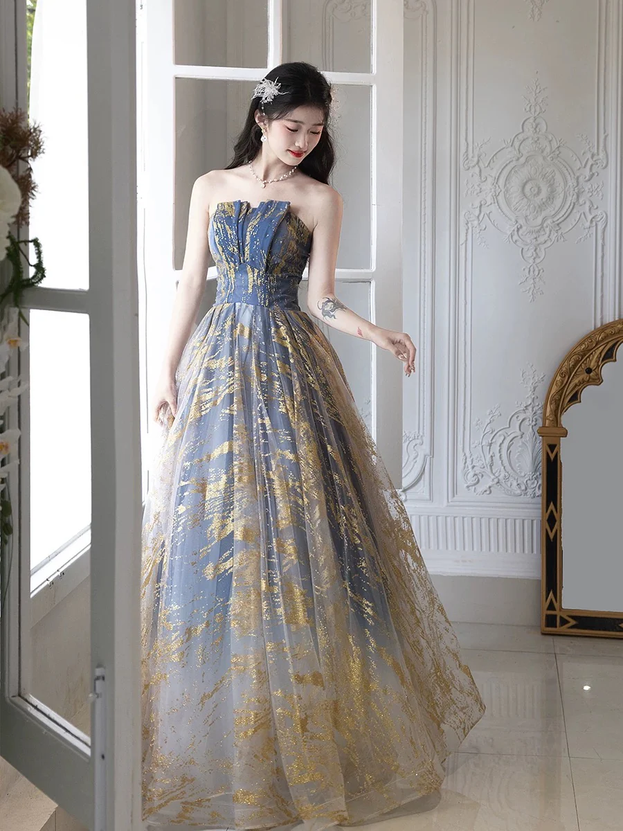 A-Line Tulle Gold/Blue Long Prom Dress, Blue Formal Evening Dress - Deanwangkt