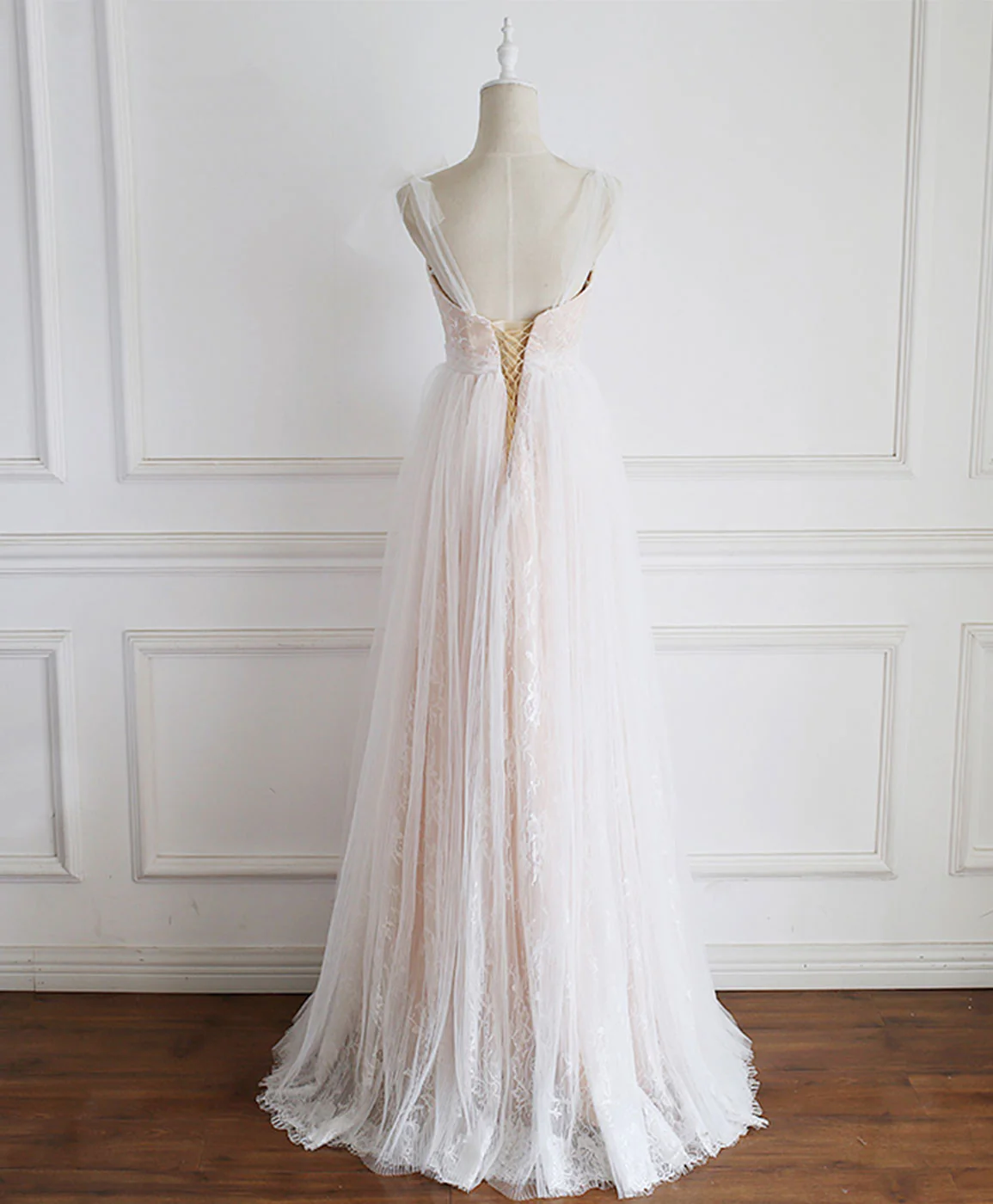 Champagne Sweetheart Tulle Lace Long Prom Dress Lace Evening Dress - Deanwangkt