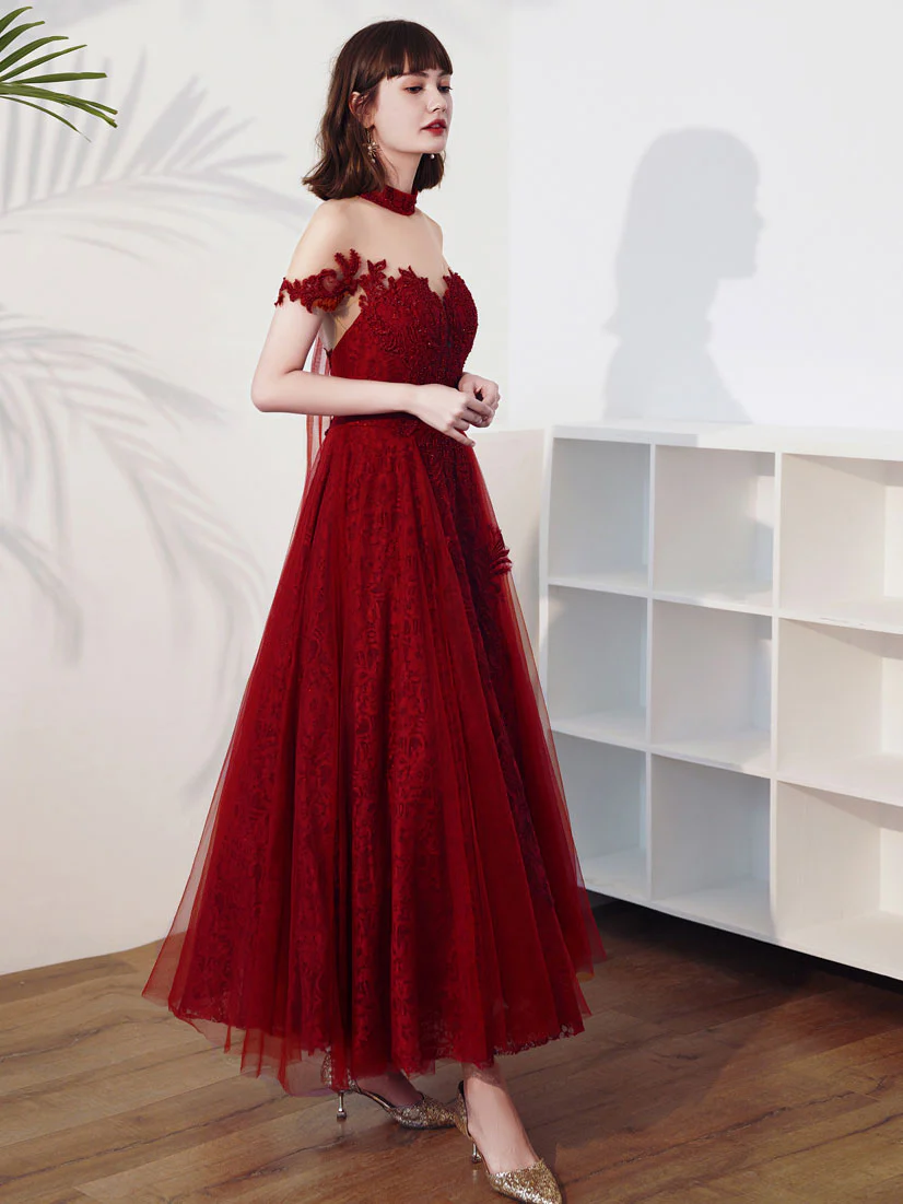 Burgundy Tulle Lace Tea Length Prom Dress, Burgundy Evening Dress - Deanwangkt