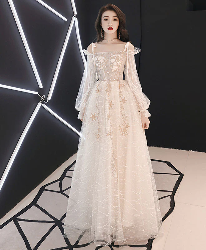 Unique Tulle Lace Long Prom Dress, Tulle Lace Evening Dress - Deanwangkt