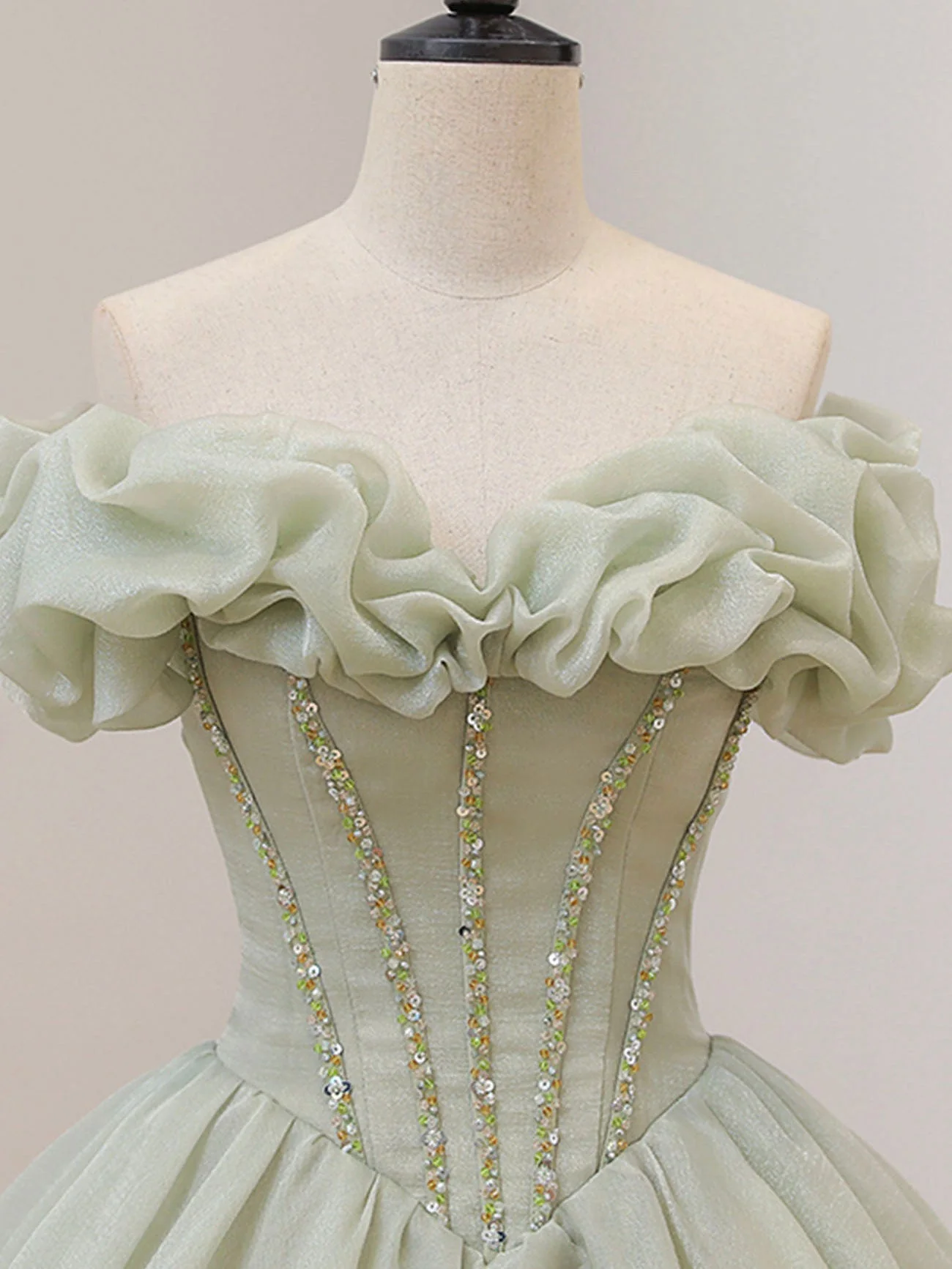 A-Line Off Shoulder Organza Green Short Prom Dress,Cute Homecoming Dress with Beads - Deanwangkt