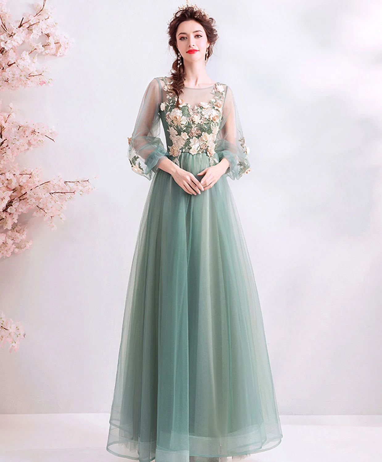 Green Round Neck Tulle Lace Long Prom Dress, Green Bridesmaid Dress - Deanwangkt