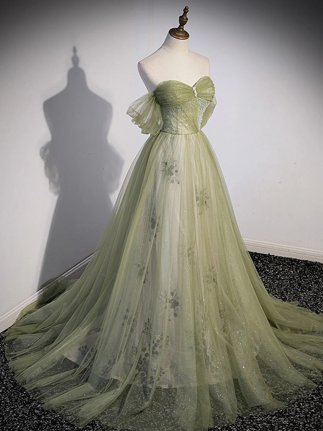 A Line Green Tulle Long Prom Dress, Green Formal Evening Dress with Beading - Deanwangkt