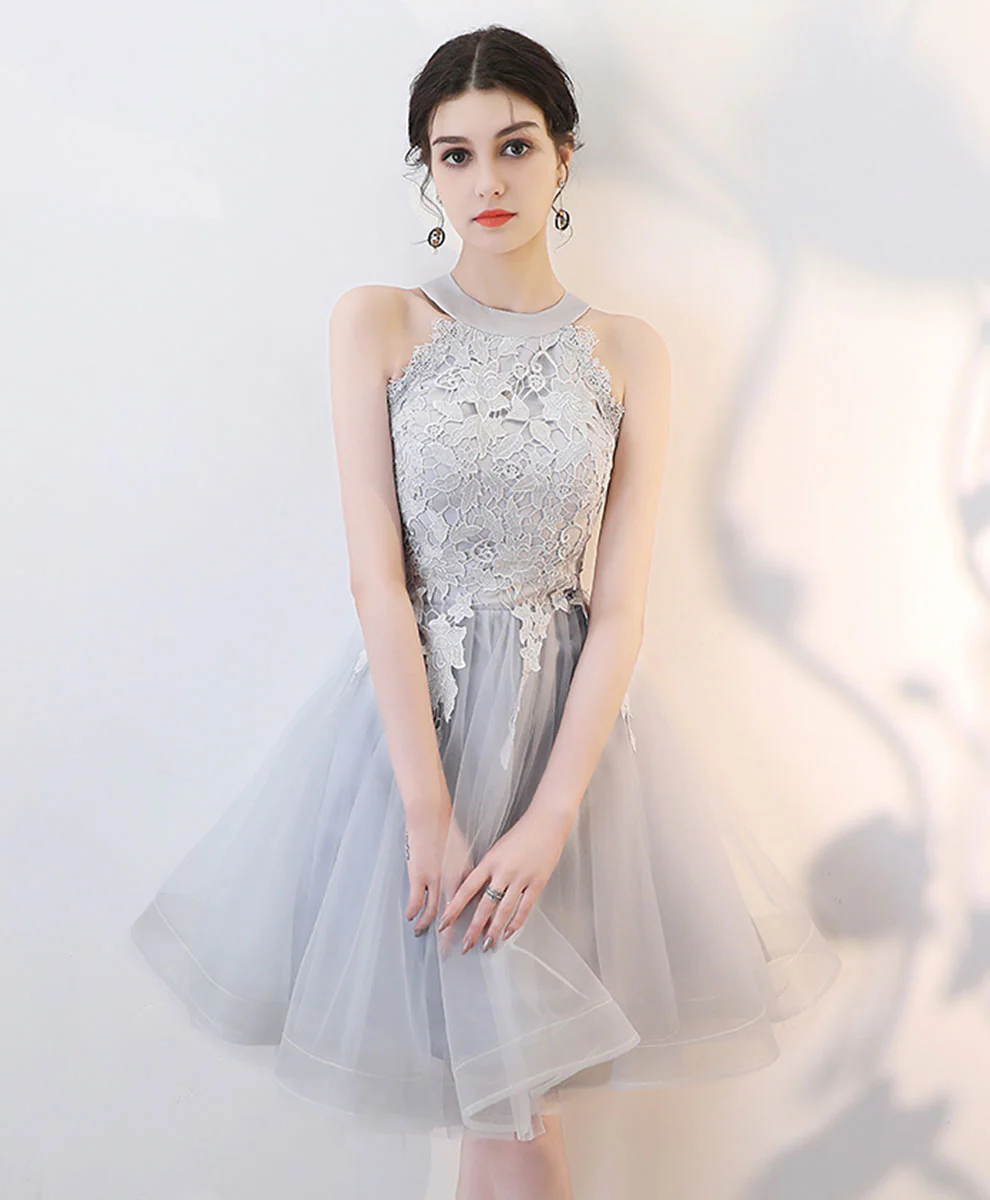 Gray Lace Tulle Short Prom Dress Gray Tulle Lace Homecoming Dress - Deanwangkt