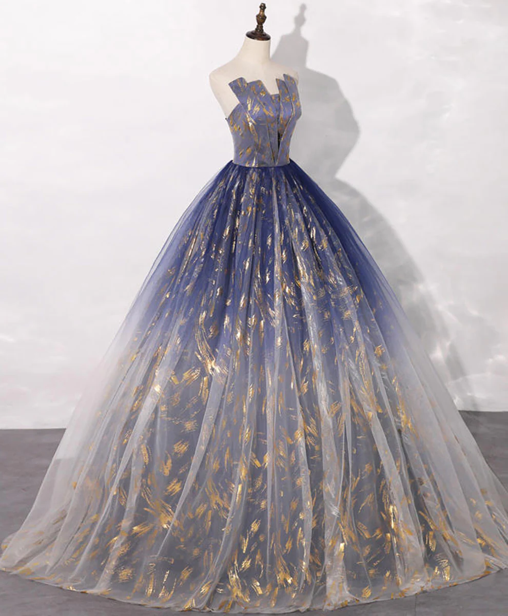 Blue A line Tulle Lace Long Prom Dress, Tulle Formal Blue Graduation Dresses - Deanwangkt