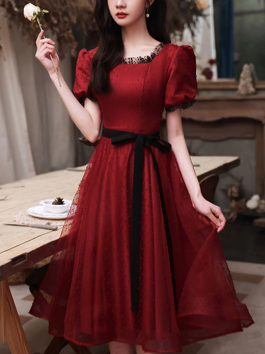 Burgundy Tulle Lace Short Prom Dress, Burgundy Bridesmaid Dress - Deanwangkt