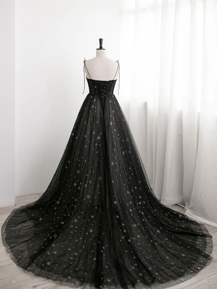 Black A line Sweetheart Neck Tulle Long Prom Dresses, Black Formal Graduation Dresses - Deanwangkt