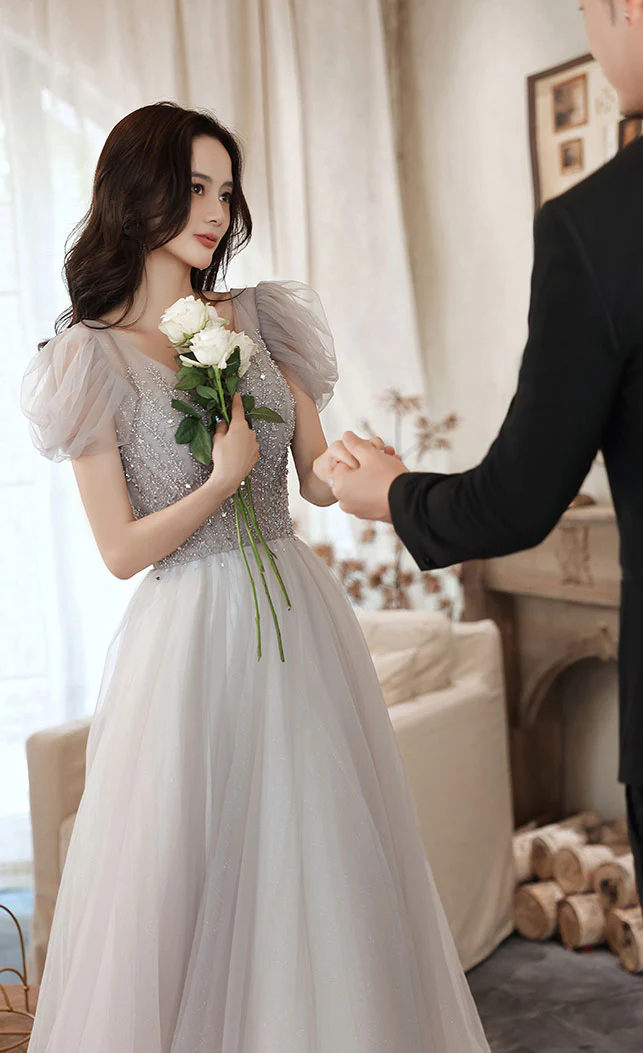 Gray V Neck Tulle Beads Long Prom Dress, Gray Aline Formal Dress - Deanwangkt