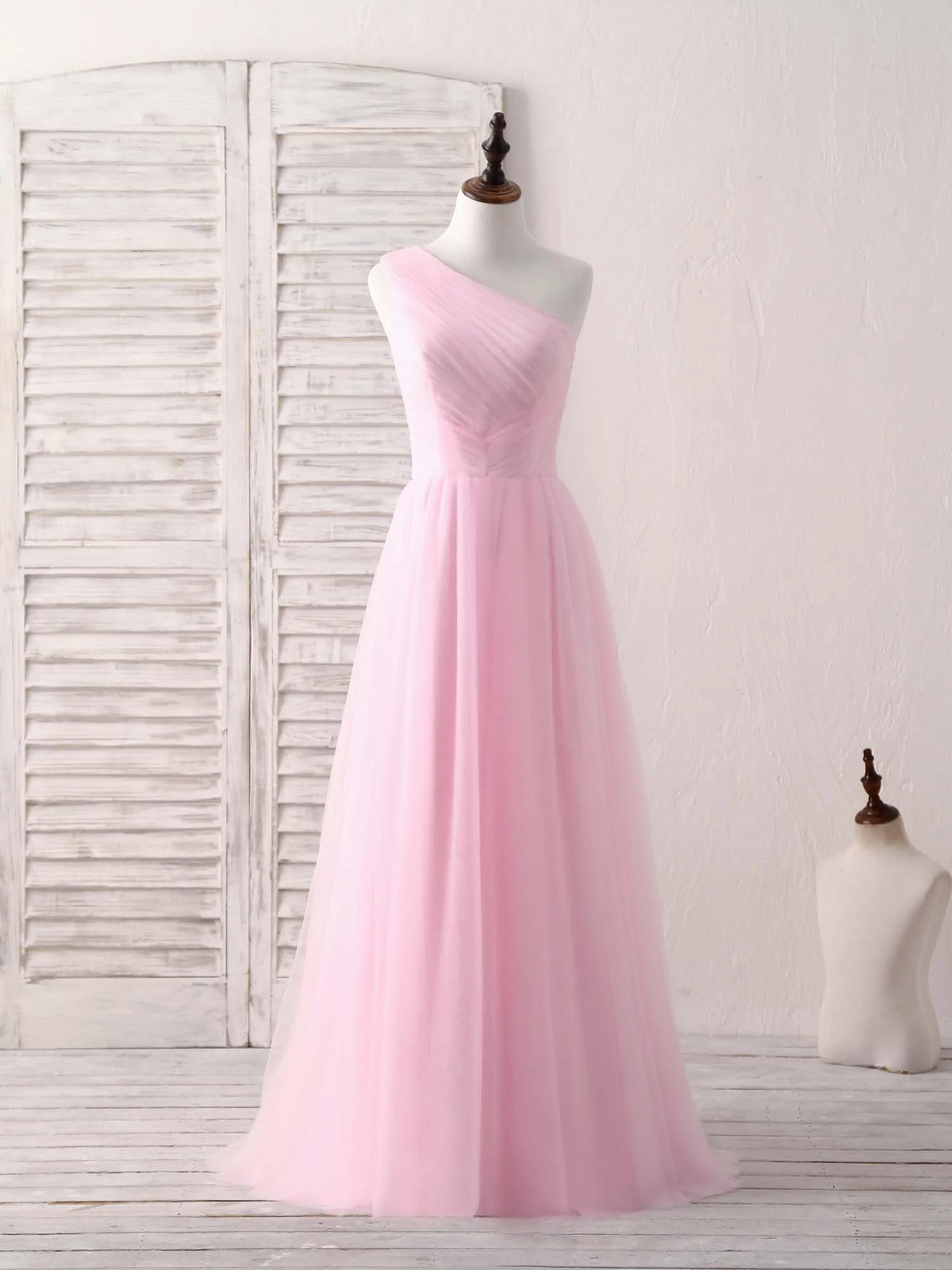 Pink Tulle One Shoulder Long Prom Dress Pink Bridesmaid Dress - Deanwangkt