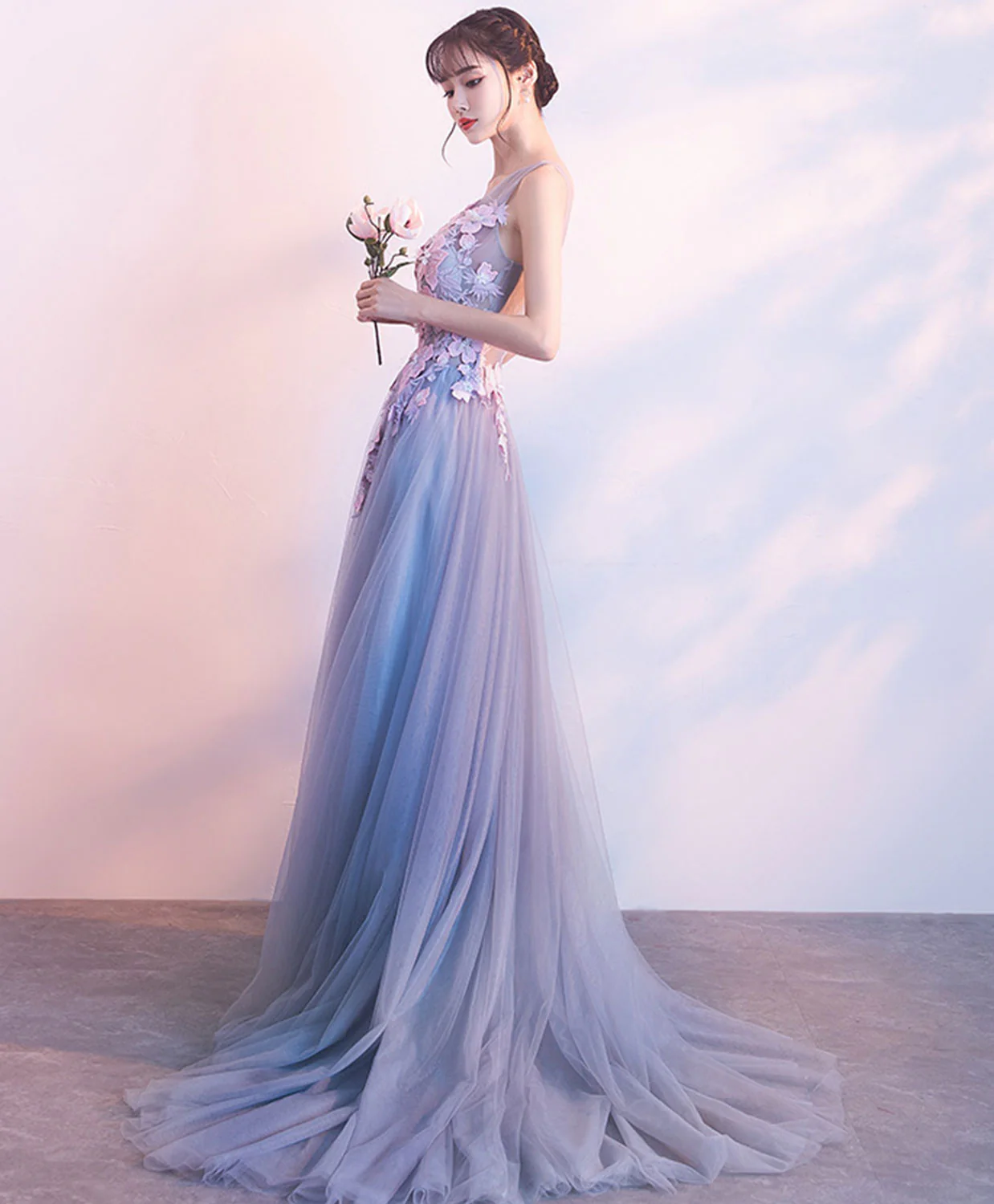 Gray Lace Tulle Long Prom Dress, Gray Evening Dress - Deanwangkt