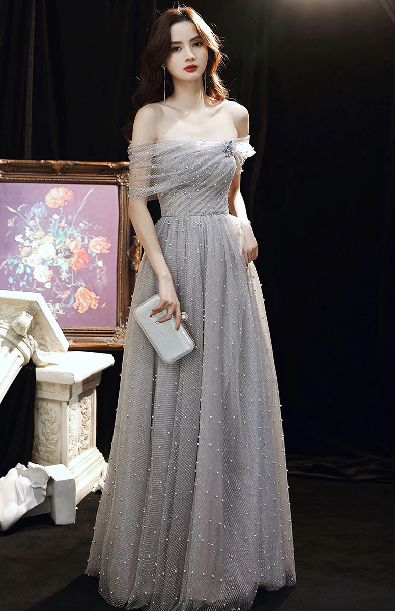 Gray A line Long Prom Dress, A line Formal Graduation Dress with Beading - Deanwangkt