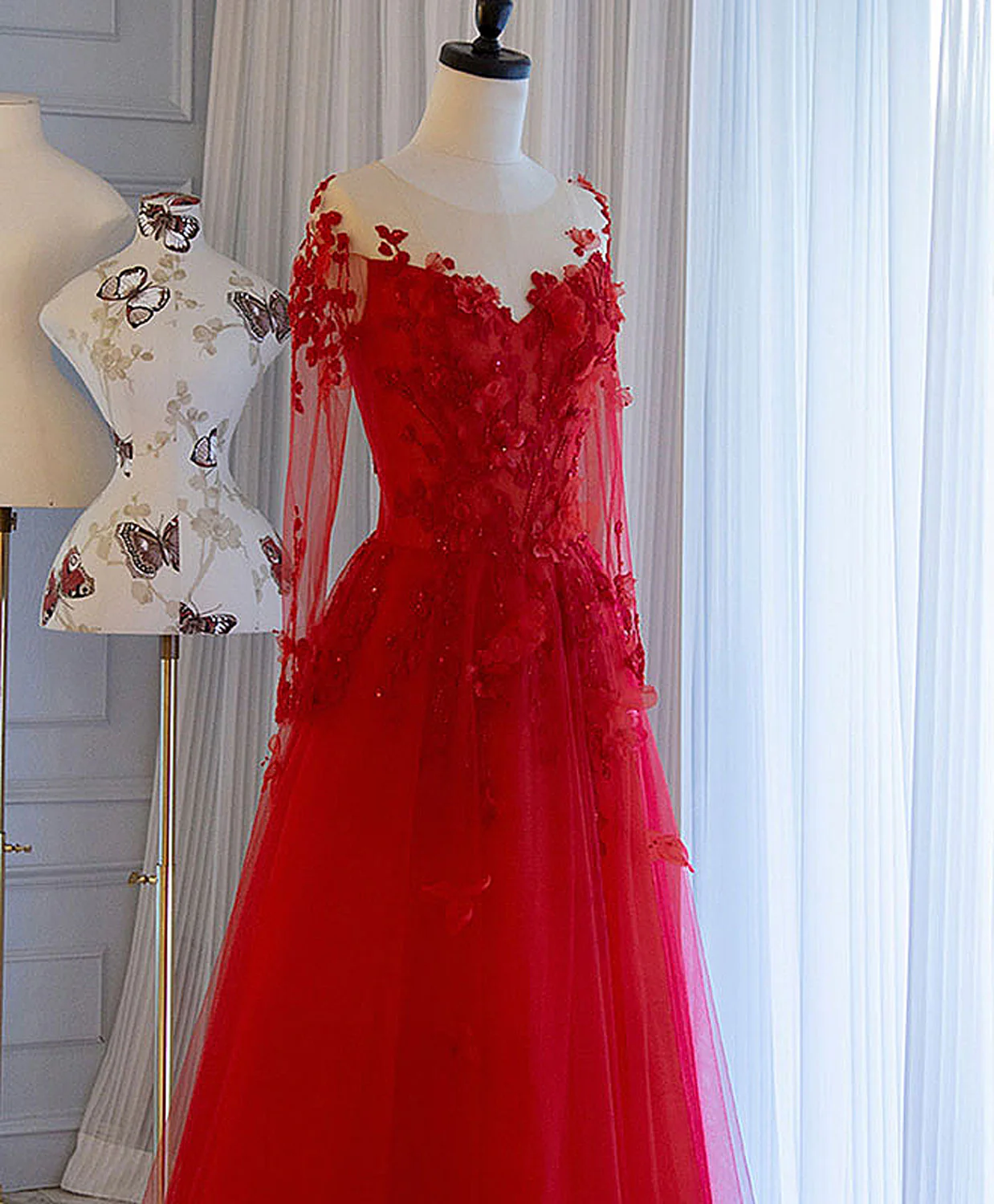 Red Tulle Lace Off Shoulder Long Prom Dress Red Lace Evening Dress - Deanwangkt