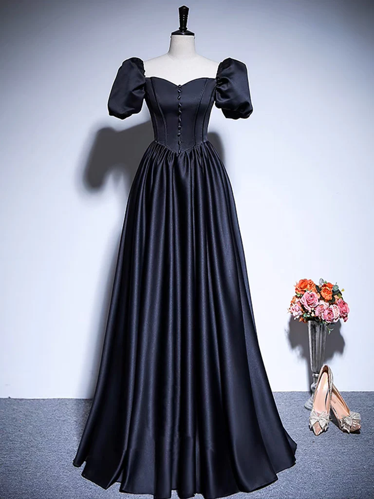 A-Line Satin Puff Sleeves Black Long Prom Dress, Black Long Evening Dress - Deanwangkt