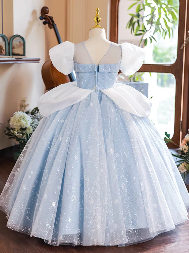 A-Line Puff Sleeves Tulle Lace Blue Long Flower Girl Dress - Deanwangkt