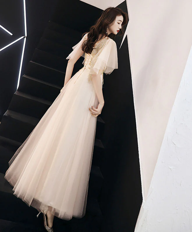 Champagne V Neck Tulle Lace Long Prom Dress Champagne Evening Dress - Deanwangkt