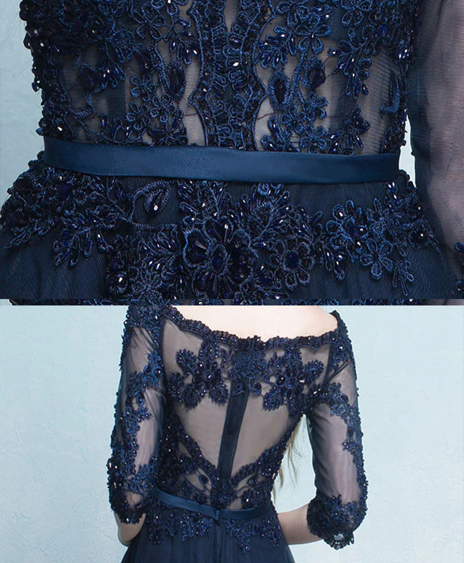 Dark Blue Lace Long Prom Dress, Long Sleeve Evening Dress - Deanwangkt