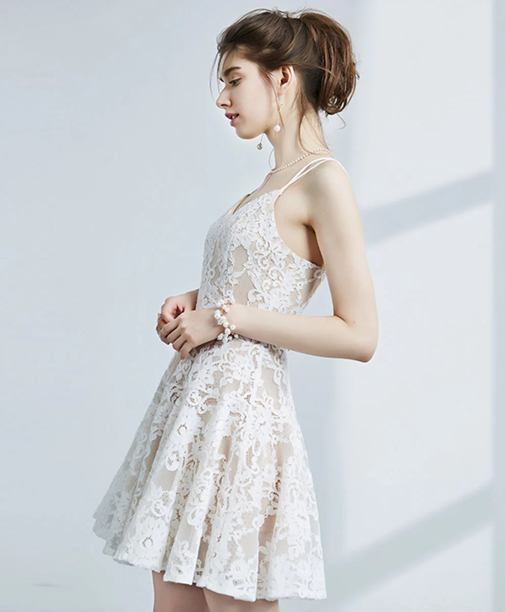 Cute White V Neck Lace Short Prom Dress White Homecoming Dress - Deanwangkt