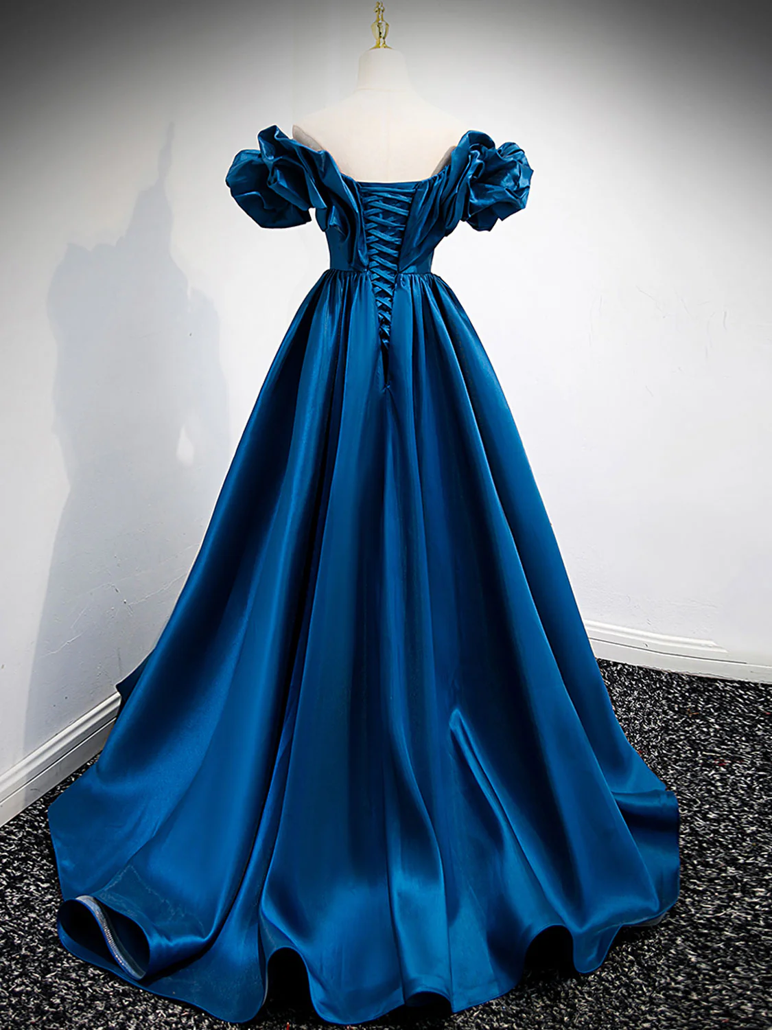 A-Line Off Shoulder Satin Blue Long Prom Dress, Blue Evening Dresses - Deanwangkt