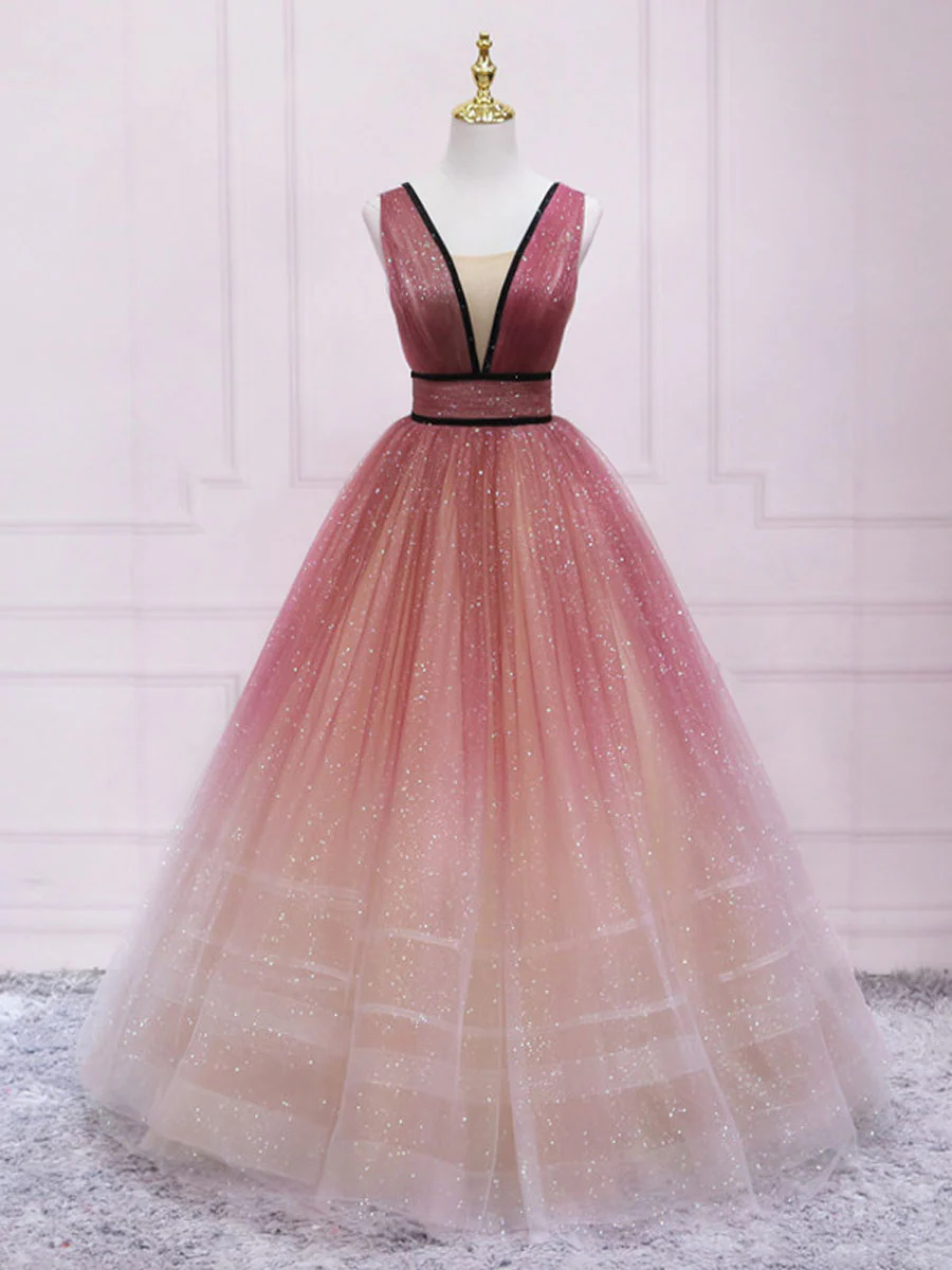 Burgundy V Neck Tulle Long Prom Dress Burgundy Long Evening Dress - Deanwangkt