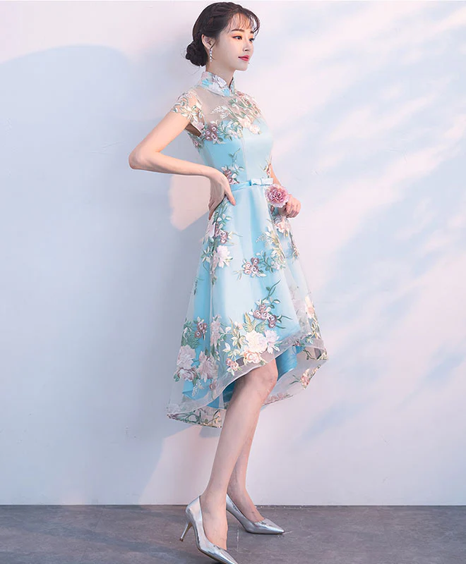 Unique Blue Tulle Embroidery Short Prom Dress, Blue Evening Dress - Deanwangkt