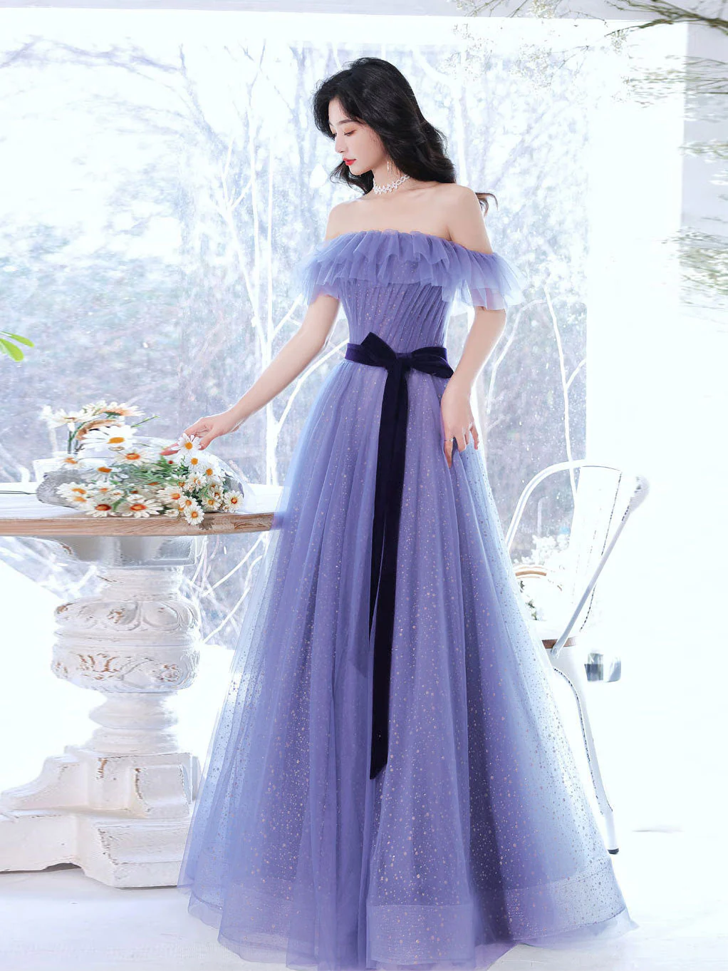 Purple A line Tulle Long Prom Dresses, Off Shoulder Formal Gown Graduation Dresses - Deanwangkt