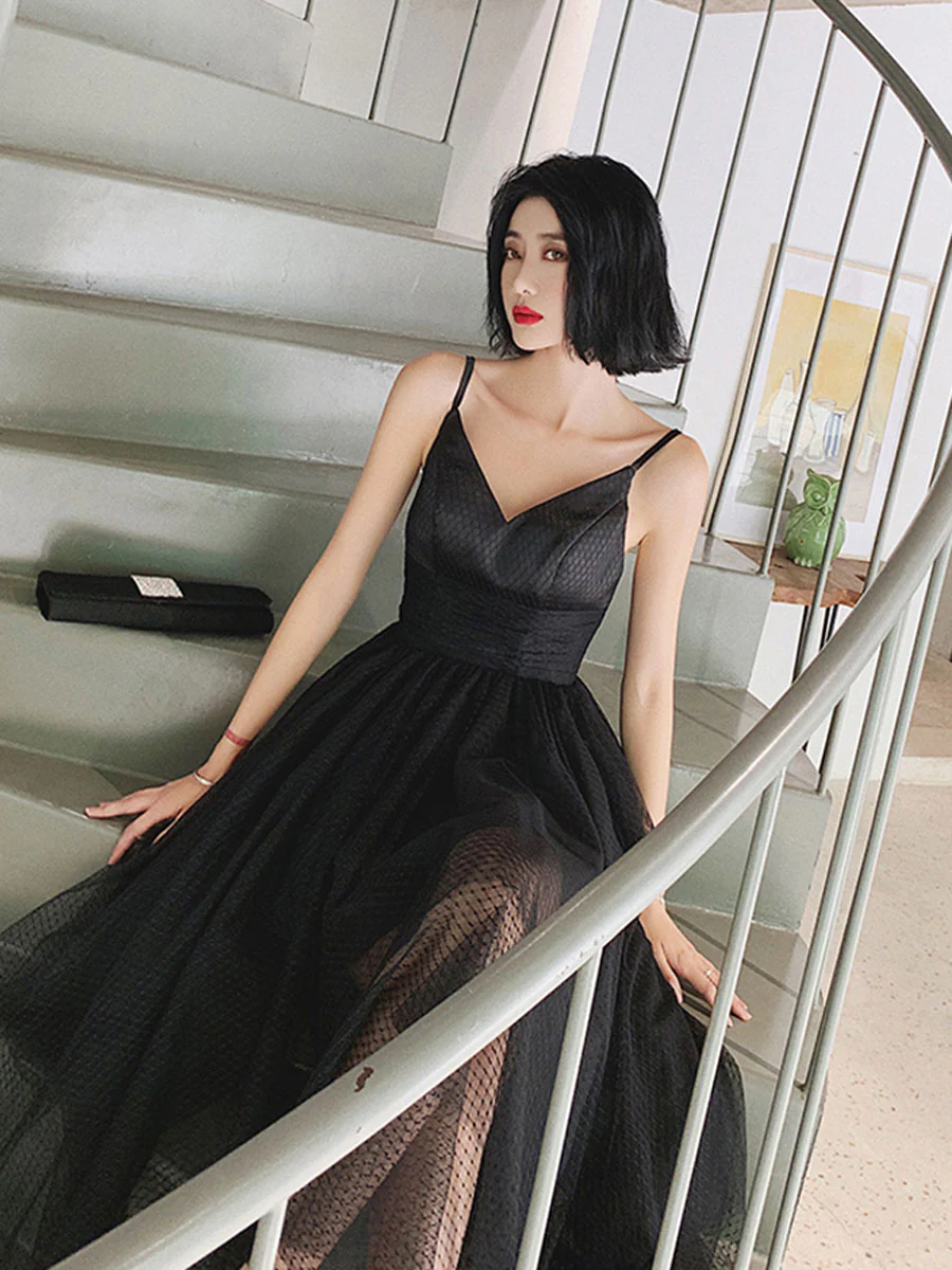 Black V Neck Tulle Short Prom Dresses, Puffy Black Homecoming Dresses - Deanwangkt