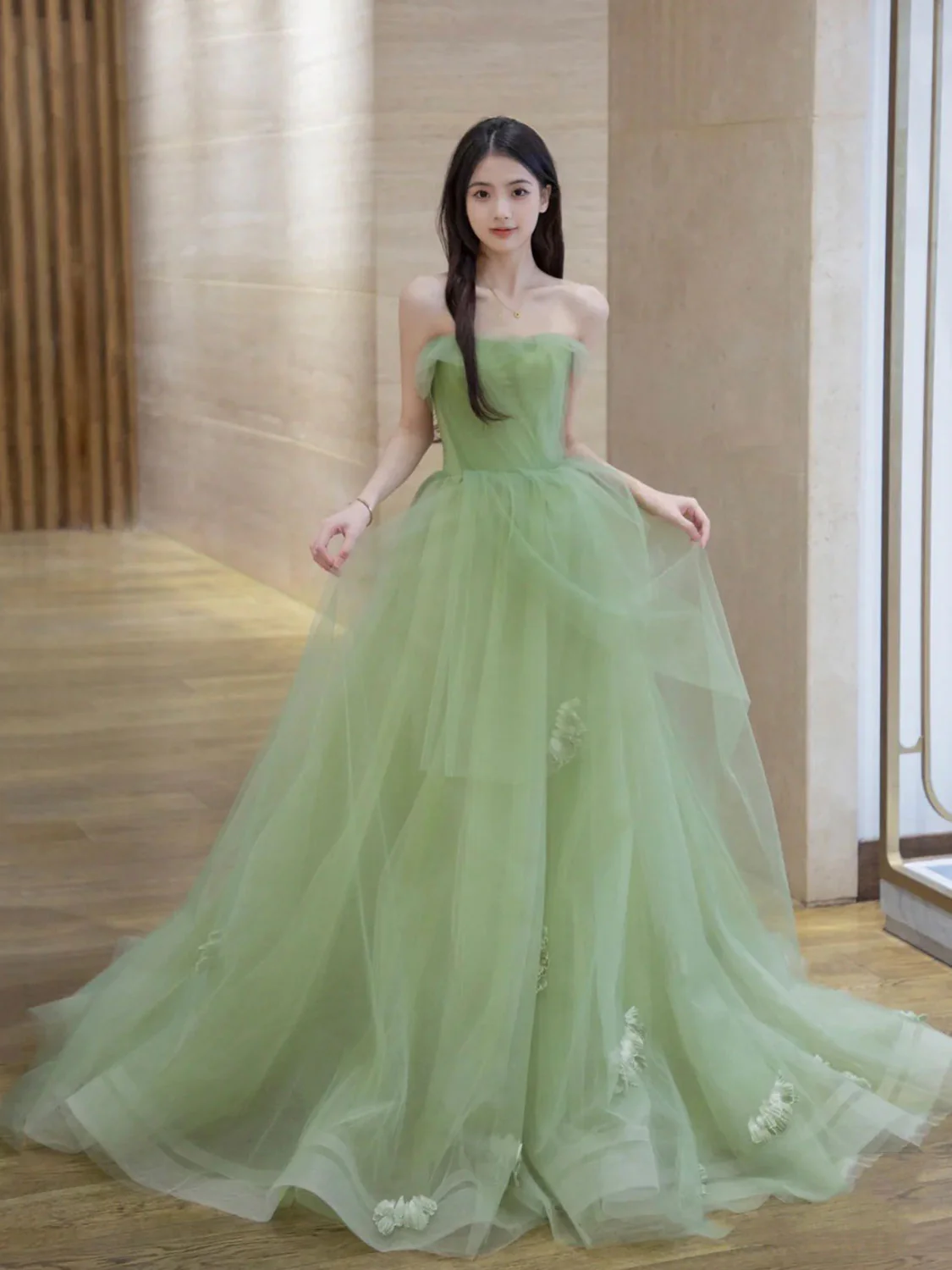 Green A line Tulle Long Prom Dress Green, Tulle Formal Evening Graduation Dresses - Deanwangkt