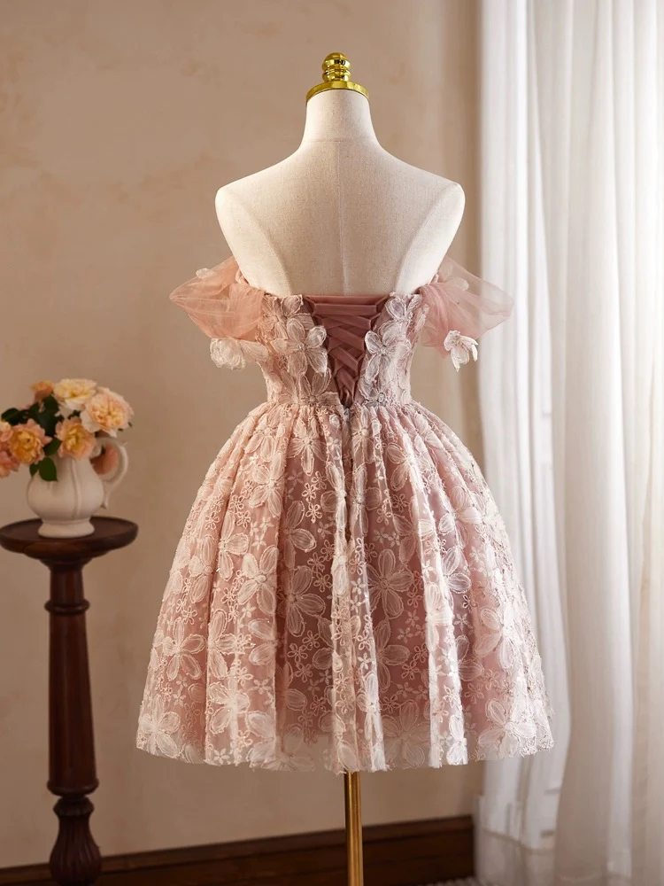 A-Line Off Shoulder Tulle Lace Pink Short Prom Dress, Pink Homecoming Dress - Deanwangkt