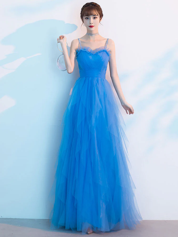 Blue Sweetheart Neck Tulle Long Prom Dress, Blue Evening Dress - Deanwangkt