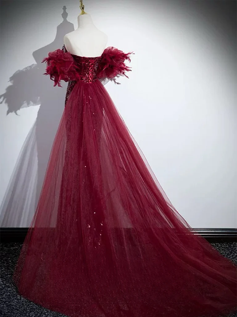 Mermaid Off Shoulder Sequin Burgundy Long Prom Dress, Burgundy Long Evening Dress - Deanwangkt