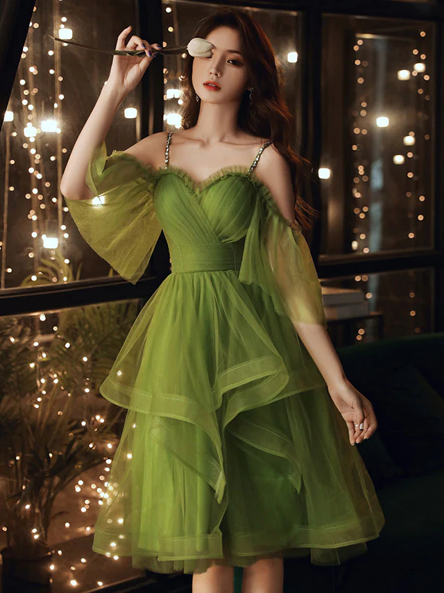 Green Sweetheart Neck Green Tulle Prom Dress, Puffy Green Homecoming Dress - Deanwangkt