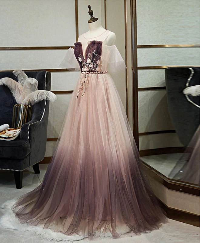 Unique Tulle Round Neck Lace Long Prom Dress Tulle Evening Dress - Deanwangkt