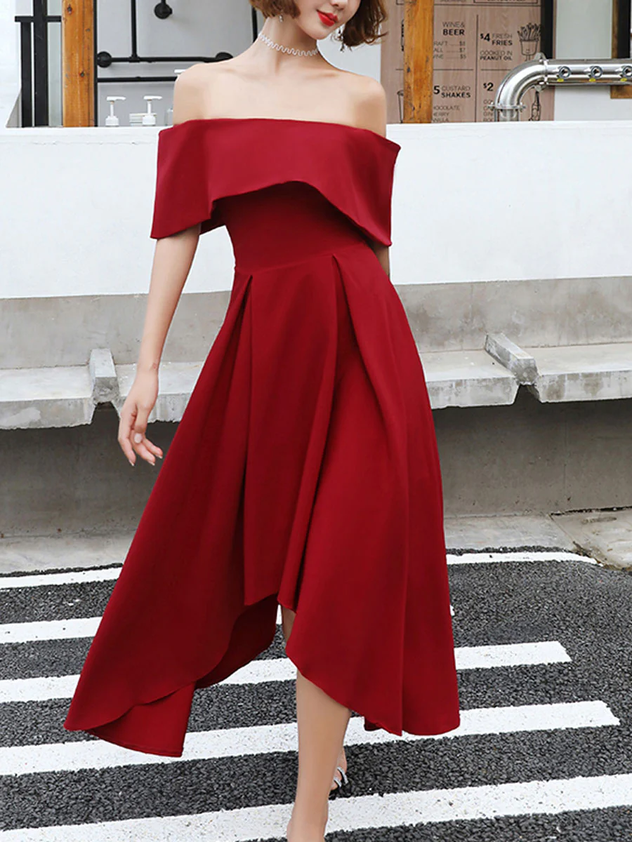 Simple Burgundy Off Shoulder Prom Dresses, Burgundy Homecoming Dresses - Deanwangkt