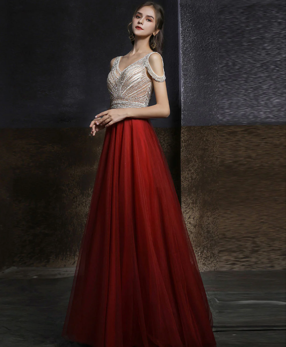 Burgundy V Neck Beading Long Prom Dress, Burgundy Long Formal Graduation Dress - Deanwangkt