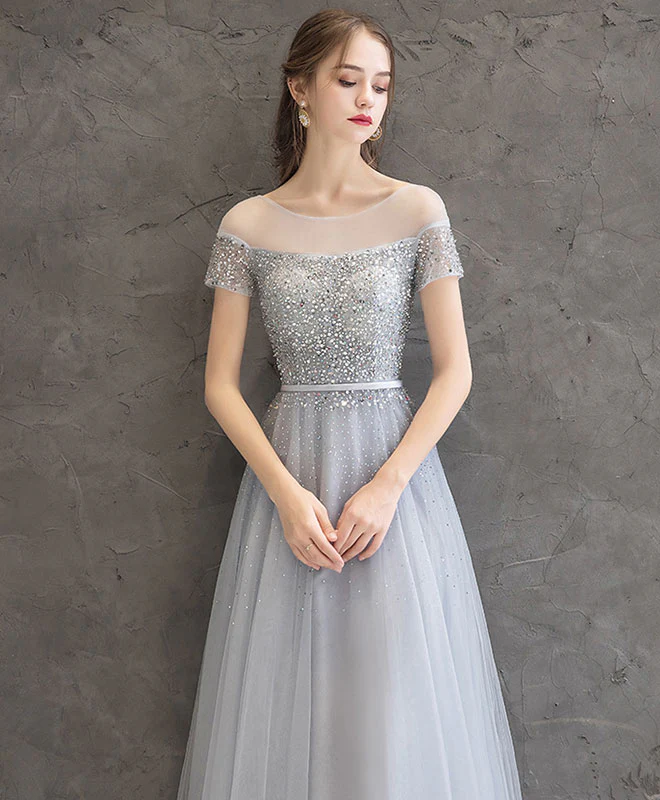 Gray Tulle Sequin Long Prom Dress, Gray Tulle Formal Dress - Deanwangkt
