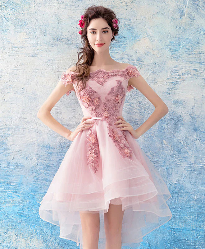Pink Tulle Lace Short Prom Dress, Pink Tulle Homecoming Dress - Deanwangkt