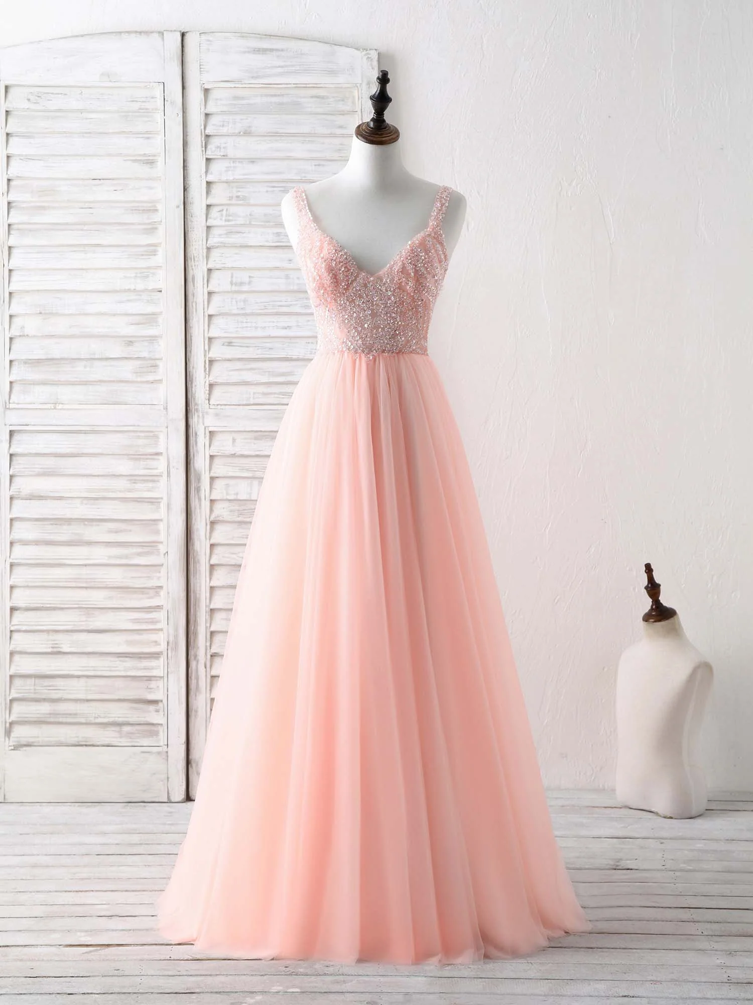 Unique Tulle Beads Long Prom Dress, Tulle Evening Dress - Deanwangkt